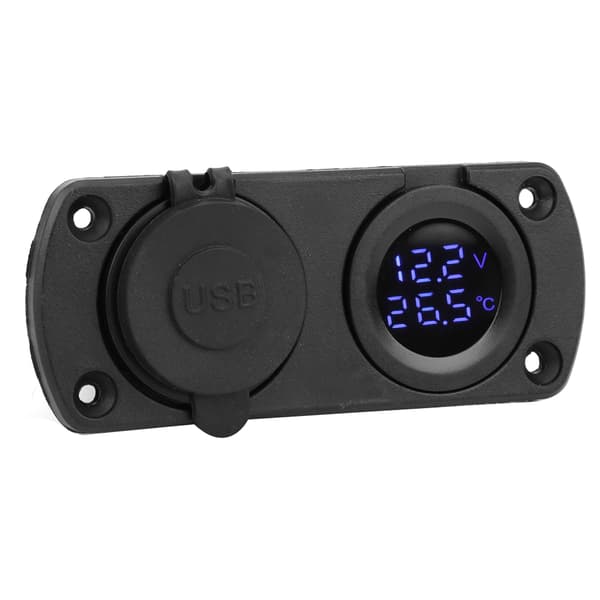 Temperatur Voltmeter Lader Bil Dobbel USB 12V Strømuttak Sigarettenneruttak Blå
