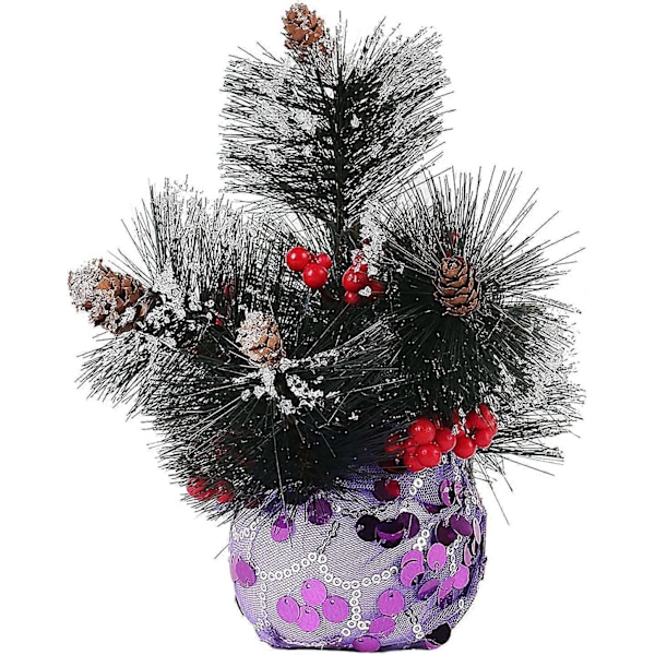 Mini Konstgjord Julgran - 20 cm - Imitation av Tallbarr - Bordsmodell med Lila Tygbas