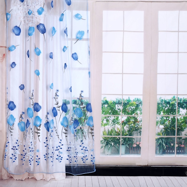 100*200cm Tulipaner Udskrivning Tyl Gardiner Sheer Drape Balkon Vindue Dekoration Blå