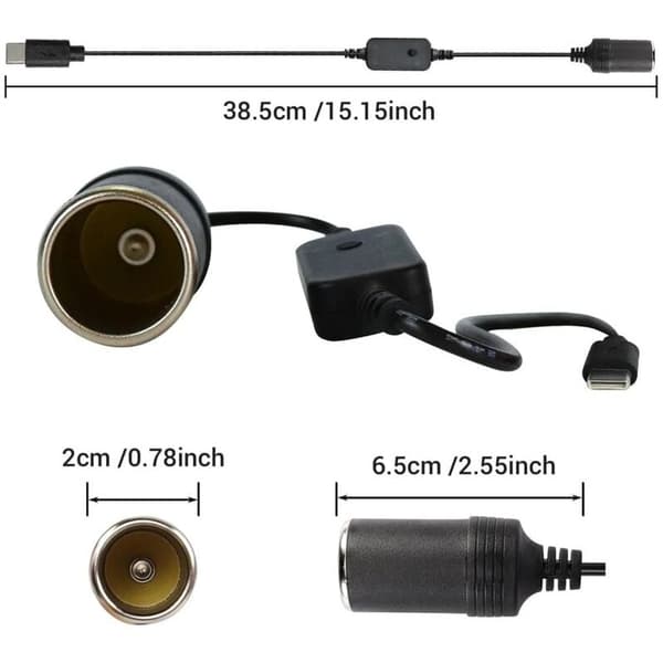 5V USB C hann til 12V bil sigarettenner hunn strømadapteromformer, USB til 12V DC-adapter for bilkjøreopptaker billader