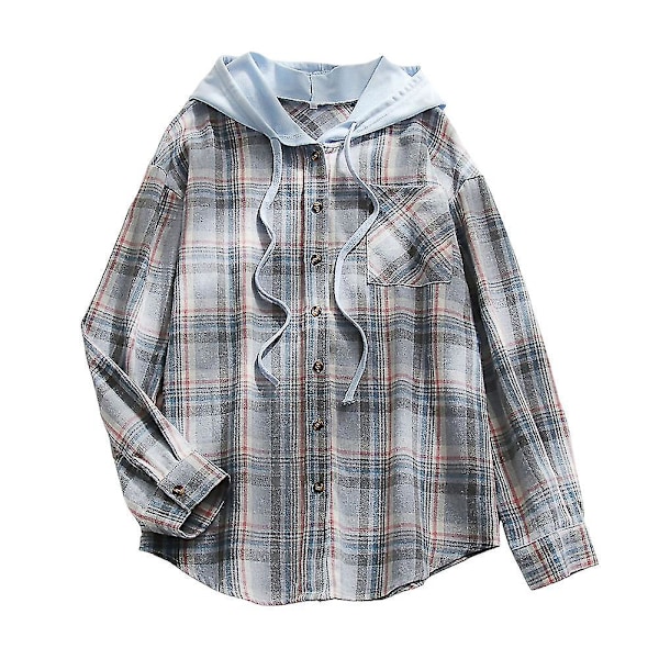 Kvinners Casual Plaid Hoodie Skjorte - Løs Passform Lang Ermet Knapp Bluse L Himmelblå