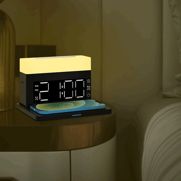 N65 15W Multifunktionel Trådløs Oplader Bordlampe Vækkeur 6 i 1 Hurtigoplader til IOS til Huawei Sort