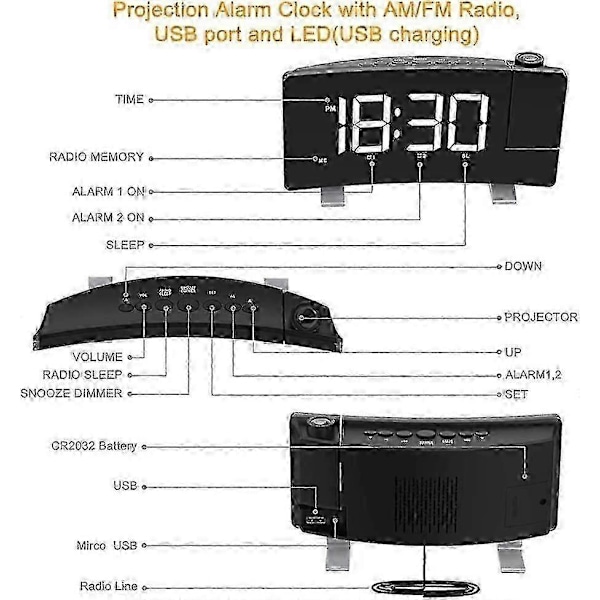Digital Väckarklocka Projektor USB-Laddning Väckarklocka 180 Graders Display (Vit)
