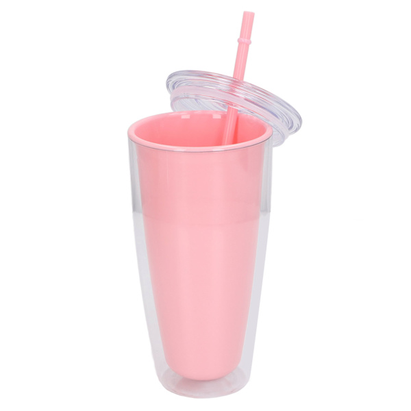 Dubbelväggig mugg med lock och sugrör 750 ml Dubbelväggig mugg med stor kapacitet Vattenflaska med bred öppning Splittersäker Rosa
