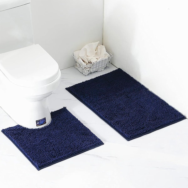 Mjuk Chenille 2-delad badmatta och toalettmatta set, halkfri, absorberande, maskintvättbar, marinblå