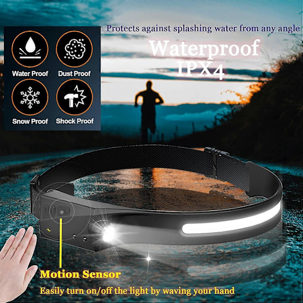 2 kpl LED-otsalamppu, jossa on tunnistin, tehokas otsavalaisin COB XPE 5 tilaa USB ladattava vedenpitävä juoksuvalo, retkeily, lukeminen, vaellus, pyöräily,