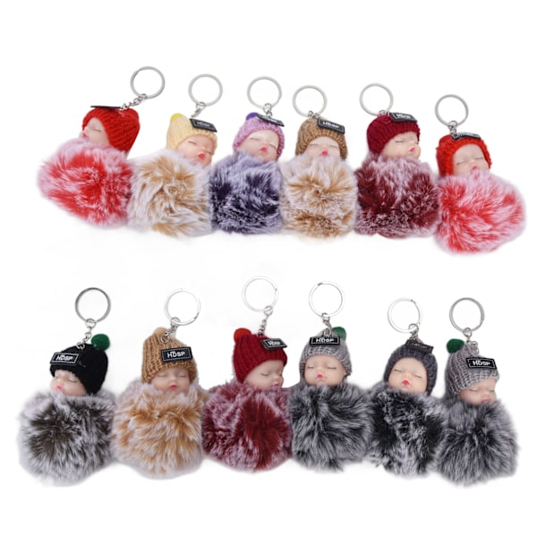 12 st docknyckelkedja Pom Fluffy söt sovande babydocka nyckelkedja för plånbok handväska hänge charm