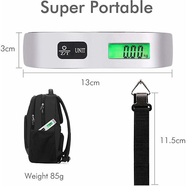 Digitaalinen vaaka lämpötila-anturilla ja suuntavaunulla matkatavaroiden ripustamiseen, matkailuun, vapaa-aikaan ja kotiin 13 X 3cm (50 kg, 110 lb) hopea - Bat