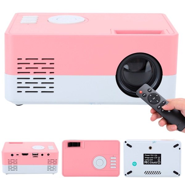 Mini bærbar projektor LED hjemmekino videomediespiller projektor med stativ 100‑240V hvit rosa EU-plugg