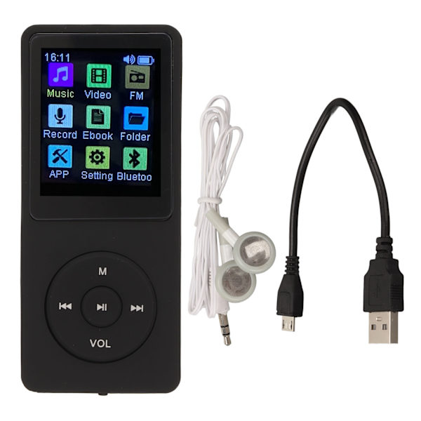 Digital musikafspiller 1,8 tommer LCD-understøttelse Lille hukommelseskort Ultratynd MP3 MP4-afspiller med tilbehør Sort