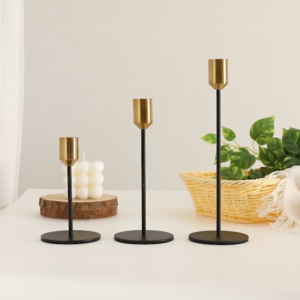Guld Lysestage Sæt med 3 Metal Høje Lysestager til Spidslys, Dekorativt Midterstykke til Fest, Bryllup, Spisning, Stue, Passer 3/4