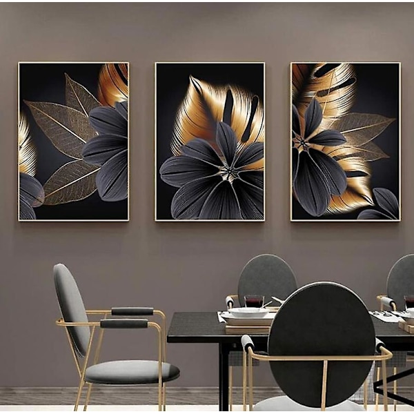 Modern svart bladmönster canvas väggkonst - Set med 3 tryck (30*40cm)