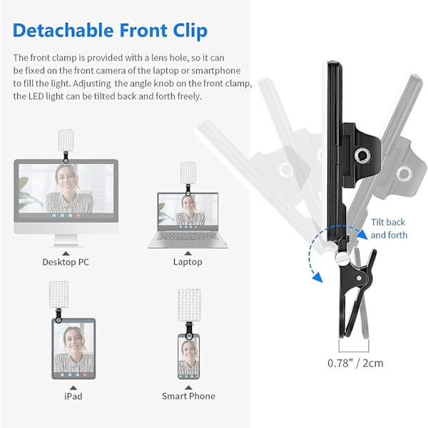 Bærbar Clip-On LED Selfie-telefonlampe med 60 højeffekt-LED'er, 2000 mAh genopladeligt batteri, CRI95+ og 3 lystilstande