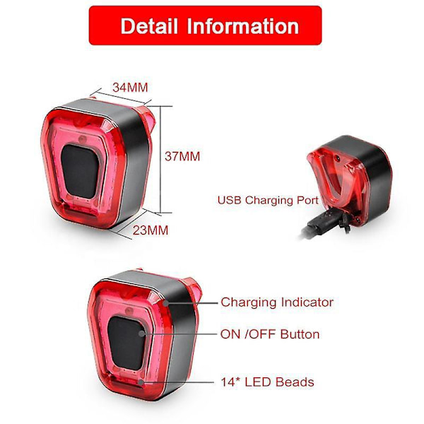 Smart Bremsesensor Cykel Baglygter | USB Genopladelig | IPX4 Vandafvisende | 5 Tilstande | 180° Synlighed