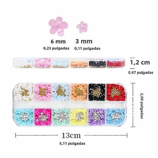 12 Fack 3D Nagelkonstdekorationer med Flerfärgade Blomsterberlocker, Kaviardiamanter och Pärlor för DIY Nagelkonstdekorationer