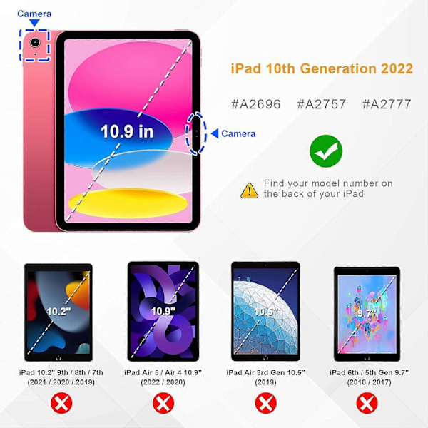 Etui Kompatibelt med iPad 10. generation (2022) 10,9 tommer, Beskyttende stativcover med flere vinkler, blyantholder og lomme, automatisk dvale/vækning