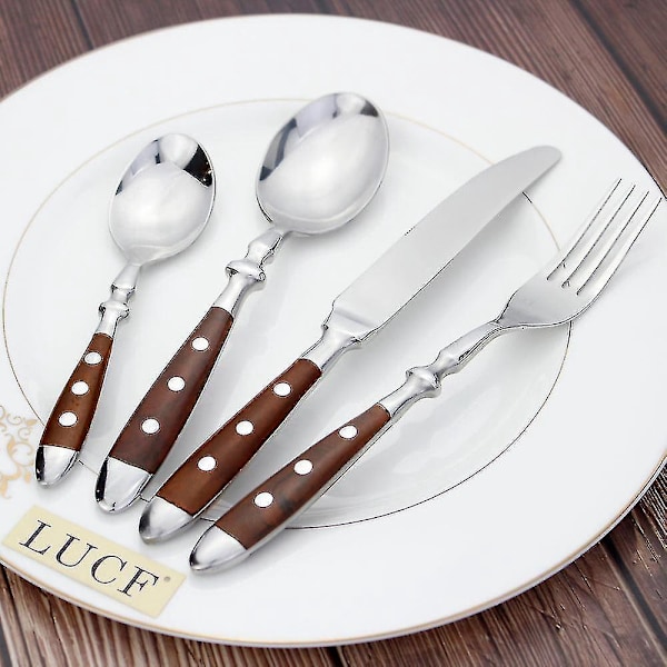 Elegant Resin Rivets Handle Rustfritt Stål Western Bestikk 4-i-1 Sett - Brun