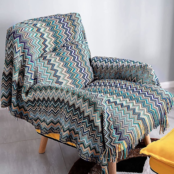Blå Houndstooth strikket tæppe med kvaster - 130x230 cm varmt bøhmisk plaid tæppe