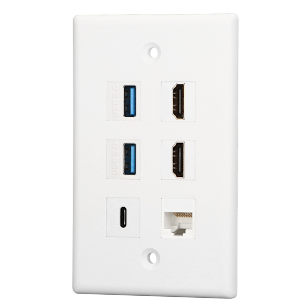 6-porttinen seinälevy 2xHD-multimedialiitäntä 2xUSB3.0 1xType C 1xCat6 Ethernet-seinälevy TV-projektoritietokoneelle