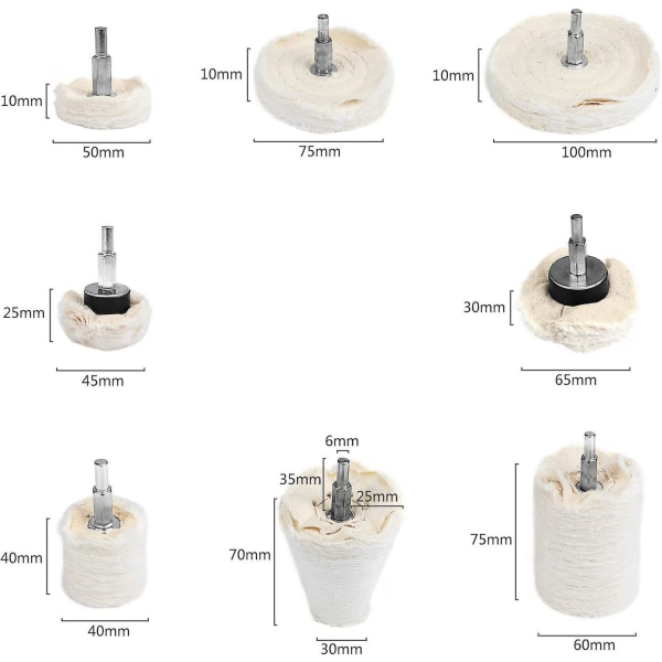 8 stk bomullspoleringsskivesett for slipeverktøy, hvit poleringsskive
