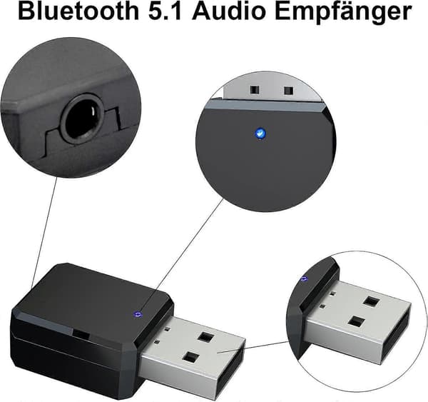 USB Bluetooth-adapter, Bluetooth 5.1-adapter i bil AUX/USB dobbel utgang, med 3,5 mm digital lydkabel, Bluetooth-dongle Bluetooth-mottaker
