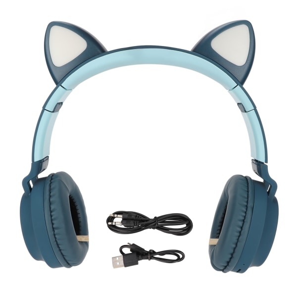 Cat Ear Gaming Hodetelefoner Deep Bass LED-lys Sammenleggbart Cute Cat Ear-hodesett med myke øreklokker Blågrønn