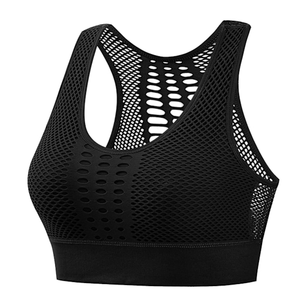 Sport-BH för kvinnor, trådlös, mjukt vadderad yogabh, elastisk, andningsbar mesh, träningstopp för löpning, cykling, svart, 2XL