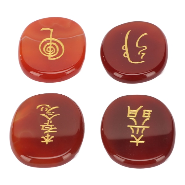 4 kpl luonnollisia riimukiviä kaiverretuilla Reiki-symboleilla litteät soikeat meditaatioriimukivet säilytyspussilla, punainen akaatti