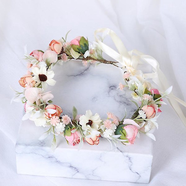 Rosa Blomster Baby's Breath Bryllupskrone Kunstig Hodeplagg Grønt Halo for Bruder