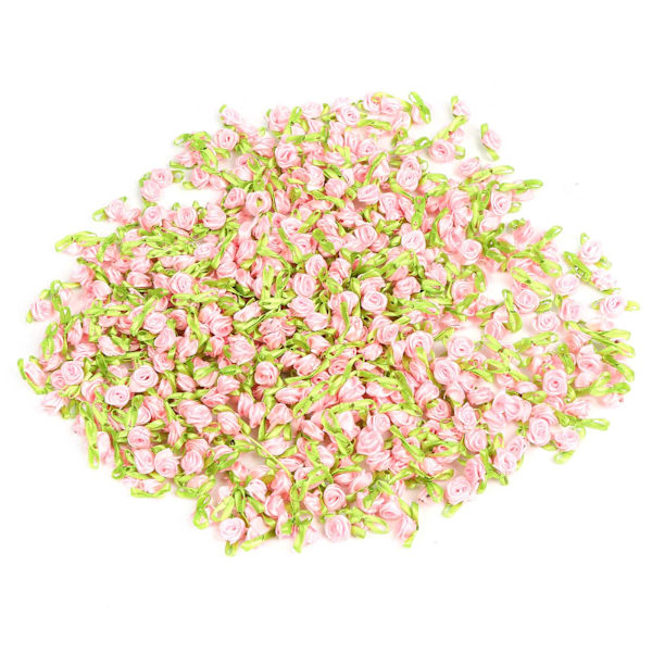 Håndlagde blomster med blader små roser hodeplagg dukketilbehør DIY kunstig bånd (rosa)