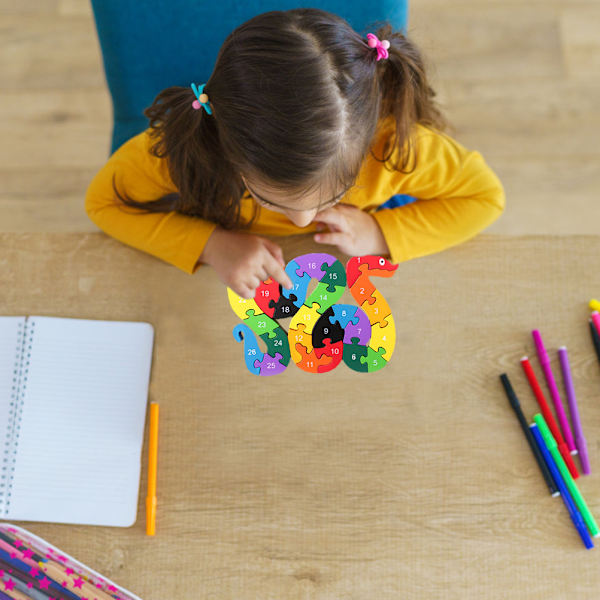 Träpussel med djurmotiv för barn, träorm med bokstäver och siffror, pedagogisk leksak för ABC-inlärning