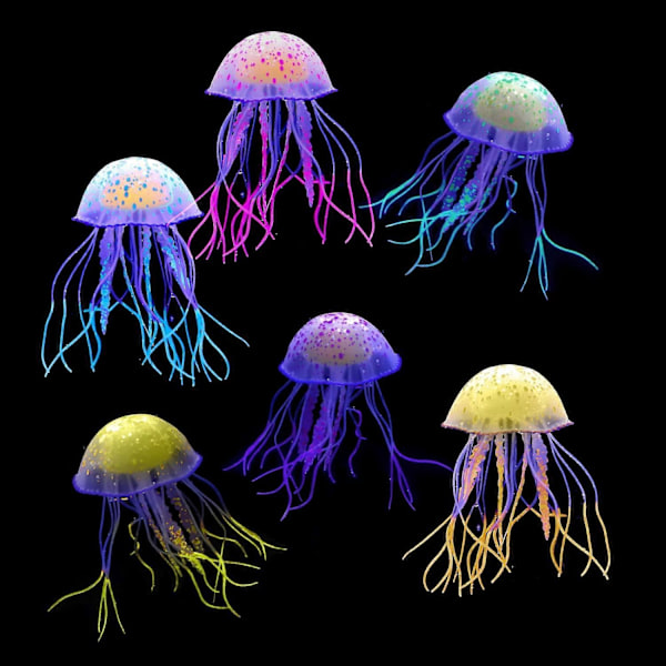6 Stykker Kunstig Manet Akvarium Ornament, Akvarium Dekorasjon, Glødende Effekt Kunstig Silikon Dekorasjon for Fisketank, Akvarium Landskap