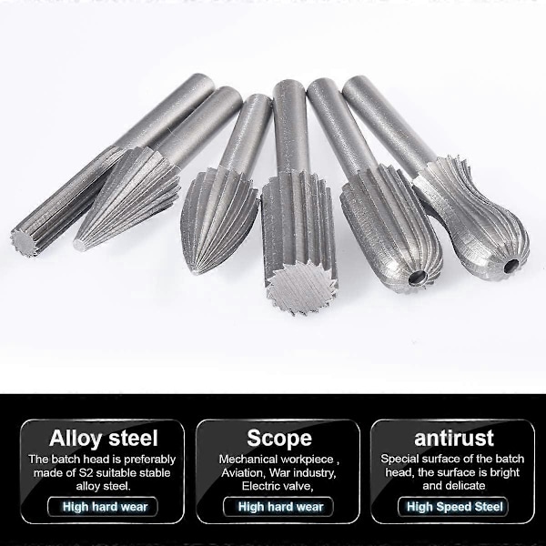 6 st Wolfram Carbide Roterande Filset Dubbel Skärning 6mm Wolfram Skaft Filning/Gravering/Slipning Bits för Roterande Verktyg