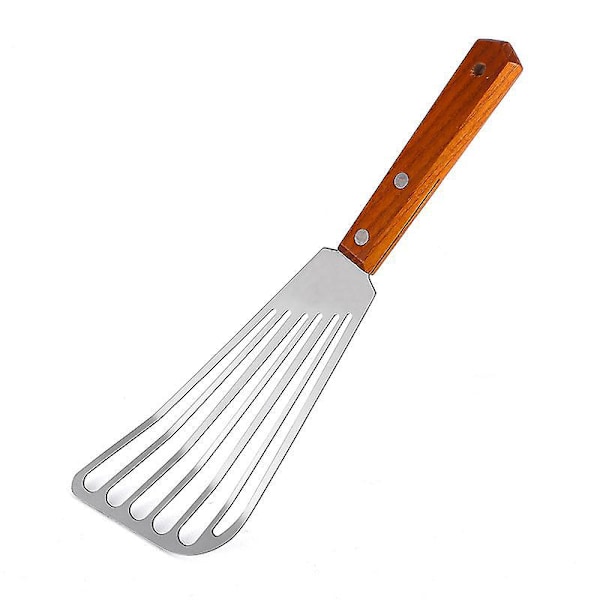 Fiskspade i rostfritt stål, fiskspade med trähandtag, slitsad vändare, köksmetallspade för stekning