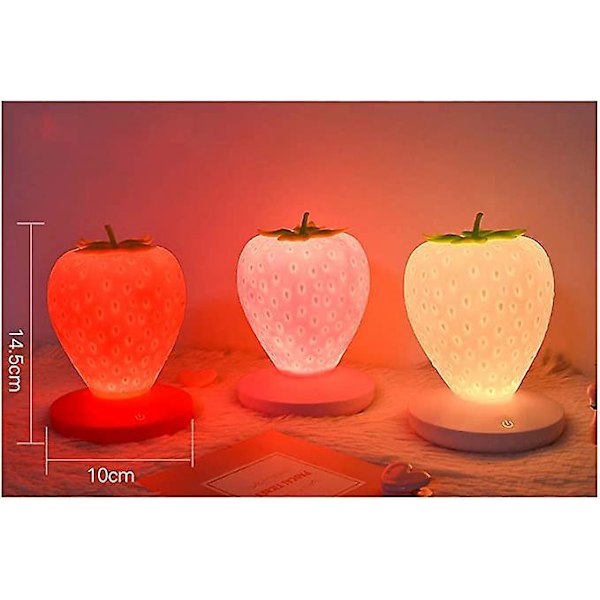 1 stk. USB Oppladbar LED Lys Rosa Jordbærformet Silikonlampe Nydelig Nattlampe Kvelds Soveromslampe, 10*14.5cm