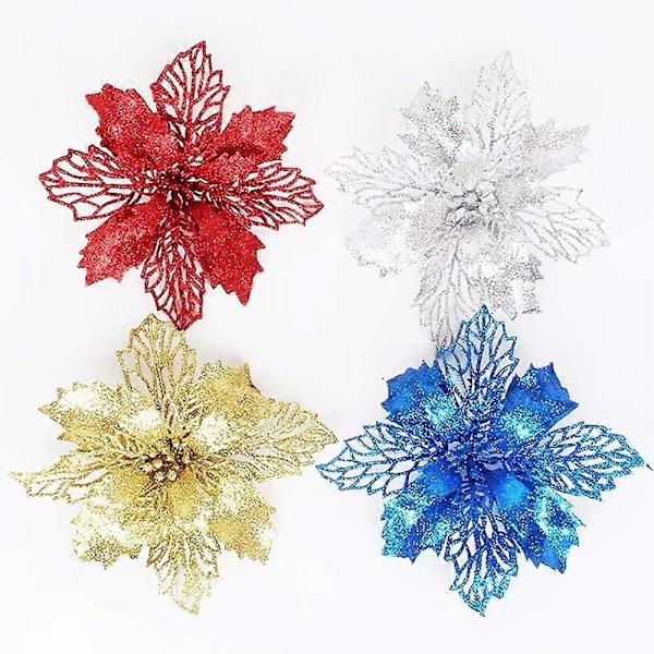 6 stk. Glitter Kunstige Bryllups Juleblomster Glitter Juletrepynt (Rød)
