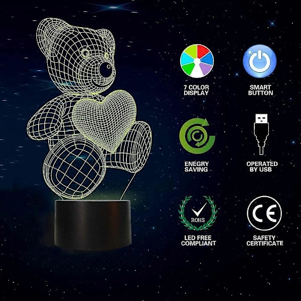 Børnenatlampe, 3D LED teddybjørn natlampe farverne skifter, dekoration og gaver, sød, fin