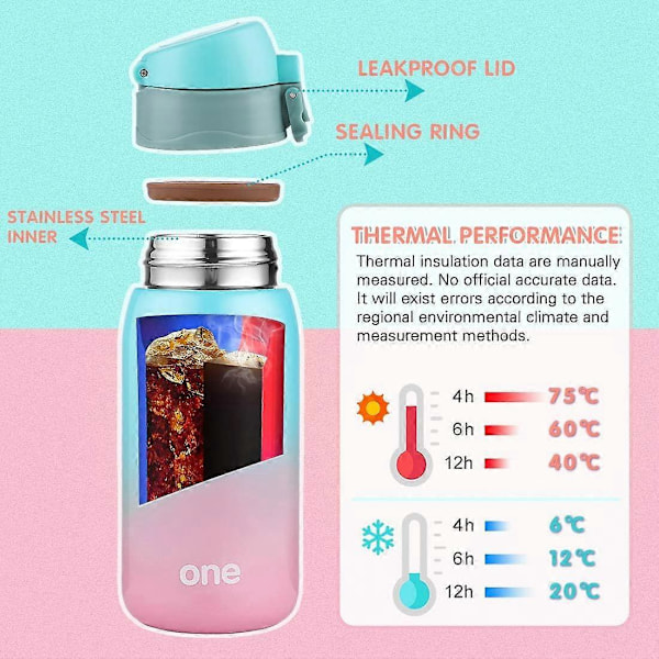 Tyylikäs termospullo lapsille, juomapullo avattavalla juomanokalla - 320 ml ruostumattomasta teräksestä valmistettu matkamuki (vihreä-pinkki)