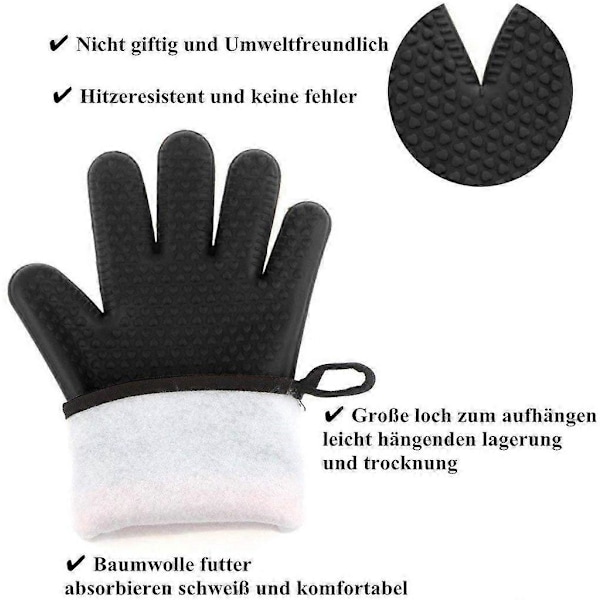 Premium Ugnshandskar (Set om 2) Upp Till 350C - Silikon Extremt Värmebeständiga Grillhandskar BBQ Handskar (Svart)