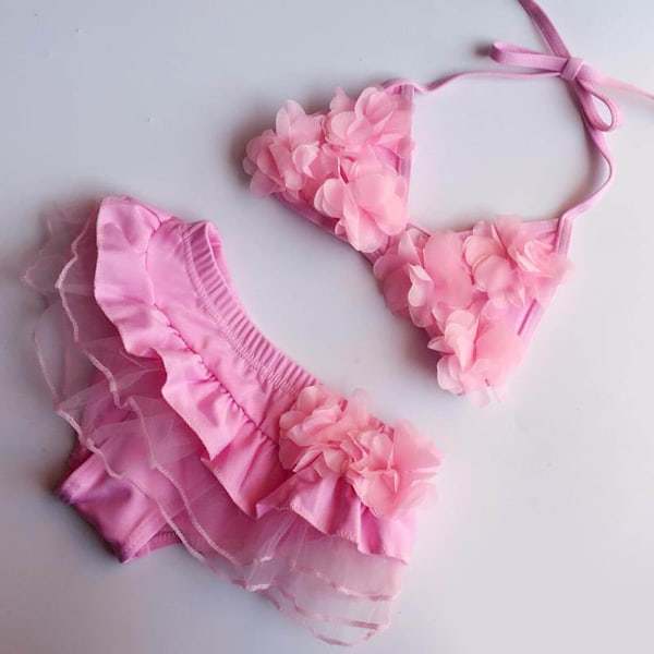 Børnebadedragt til små piger - 2-delt badedragt - Baby Bikini med blomster - Sommer strandtøj - Pink M 12,5-20 kg