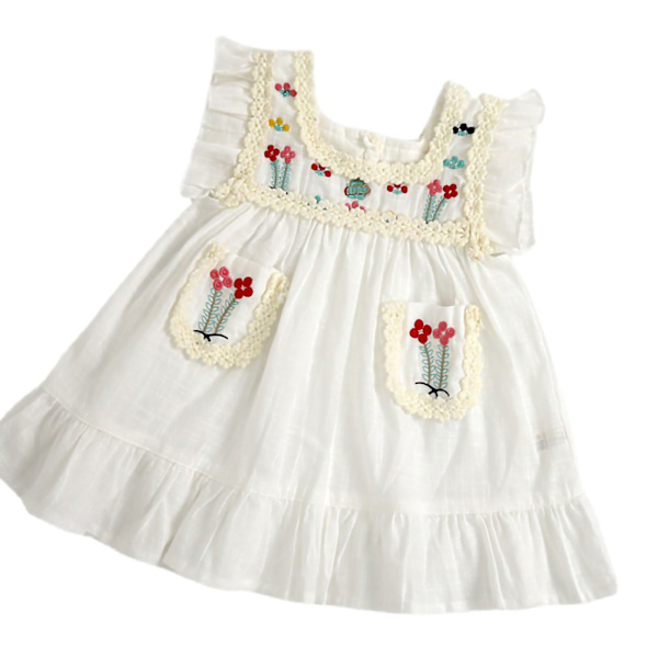 Babyflicka Klänningar Bomull Ärmlös Broderi Andningsbar Sommarklänning med Volangfåll för 1 Års Gamla Småbarn Vit 80cm / 31.5in