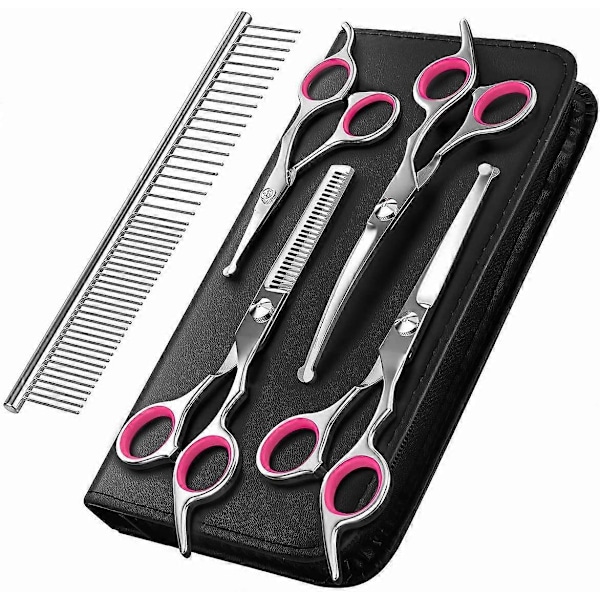 Hundtrimningssax, 5-delars titancoated rostfritt stål husdjurstrimningsset, urtunnings-/raka/böjda saxar och kam - Rosa