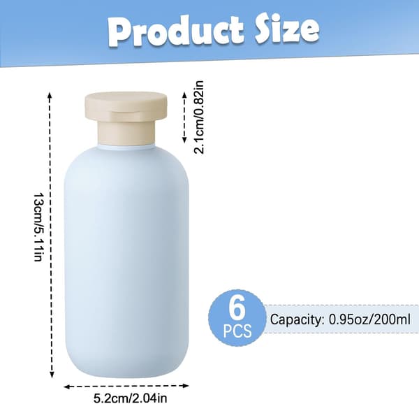 Set med 6 reseschampoflaskor, 200 ml påfyllningsbara reseflaskor för toalettartiklar, flexibla reseflaskor, tomma plastflaskor (ljusblå)