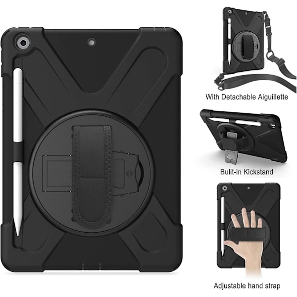 Stødsikker robust cover til iPad 10.2\" - Sort, 9./8./7. generation, med penneholder, drejeligt stativ, skulderrem, håndrem