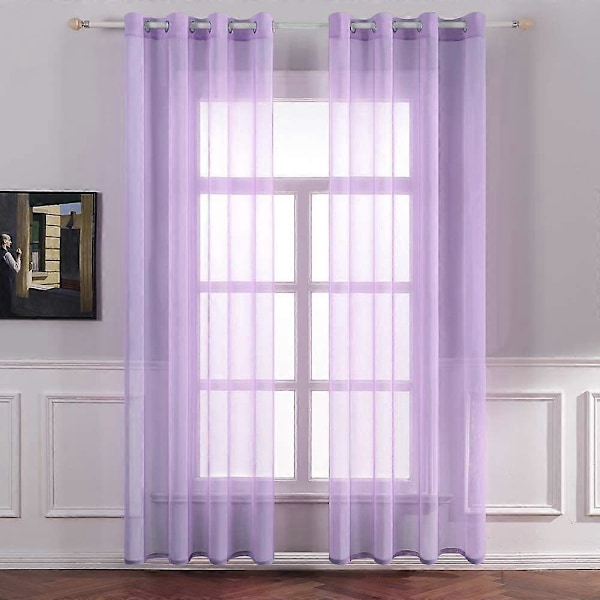 Sæt med 2 lette Voile gardiner med øjer, Transparent udseende, Gardiner lavet af Voile polyester, Øjegardin, Transparent, 132x160 Cm (BxH), Lys lilla