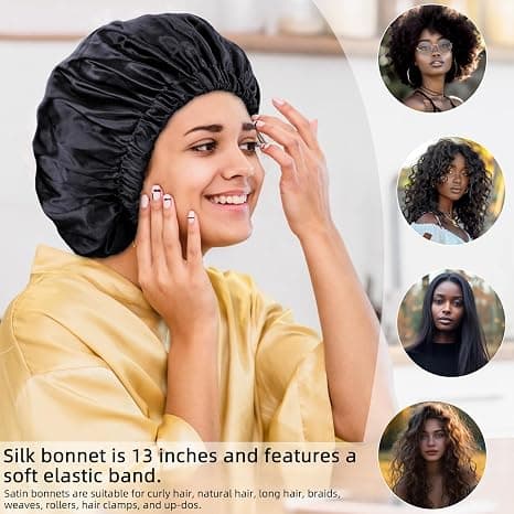 Satinhætte Silkehætte Hårhætte til søvn - Slouchy Beanie Hat Satin Sovehætte til kvinders naturlige og krøllede hår (sort)