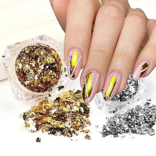 Silver och Guld Nagelglitter Nagelfolie Holografiskt Glitter Nagelpulver Kit Nagelkonst Glitter Aluminiumflingor Magisk Spegeleffekt Pulver Paljetter Nagel A