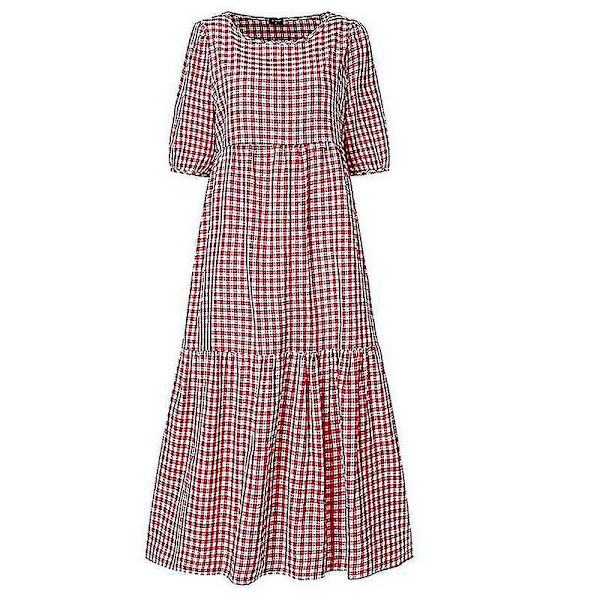 Naisten punainen ruudullinen pörröinen midi-mekko lyhyillä hihoilla, koko 3XL