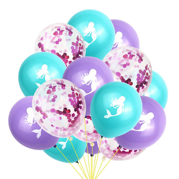 15 st Sjöjungfru Ballonger med Latex Konfetti Ballonger, Ljusrosa Lila Blå Ballonger och Band för Födelsedagsfest Dekorationer Enhörning Sjöjungfru Fest