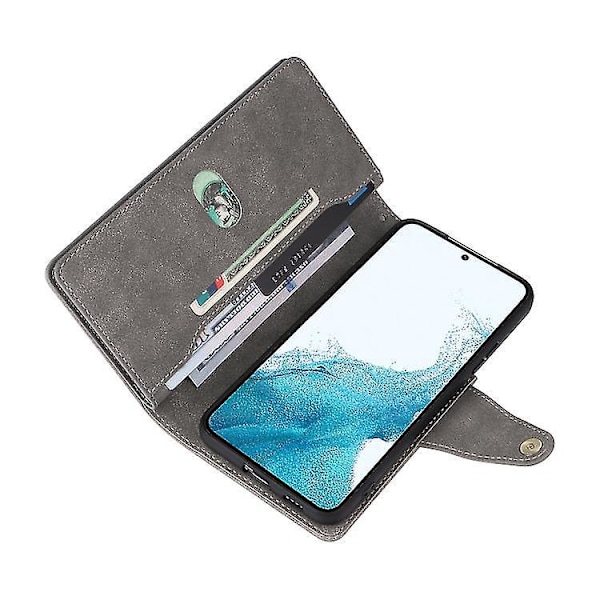Til Samsung Galaxy S22 Rivet Spænde 9 Kort Tre Fold Læder Telefon Cover - B6 Grå